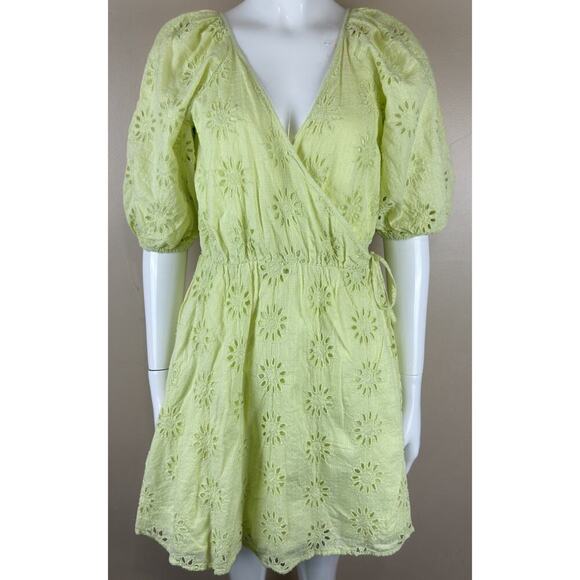 Zara Dresses & Skirts - Zara Women’s XS Lime Green Eyelet Mini Wrap Dress Puff Sleeve Lined Cotton